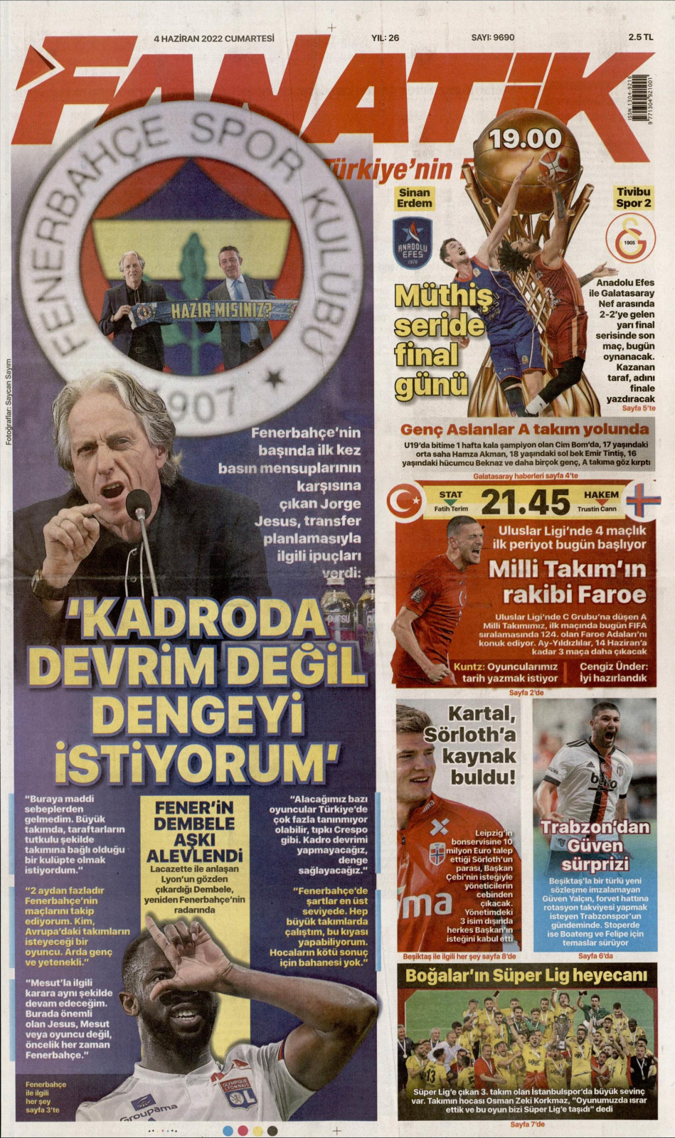 4  Haziran 2022 Cumartesi günün spor manşetleri | Fenerbahçe'de Jorge Jesus dönemi başladı 1