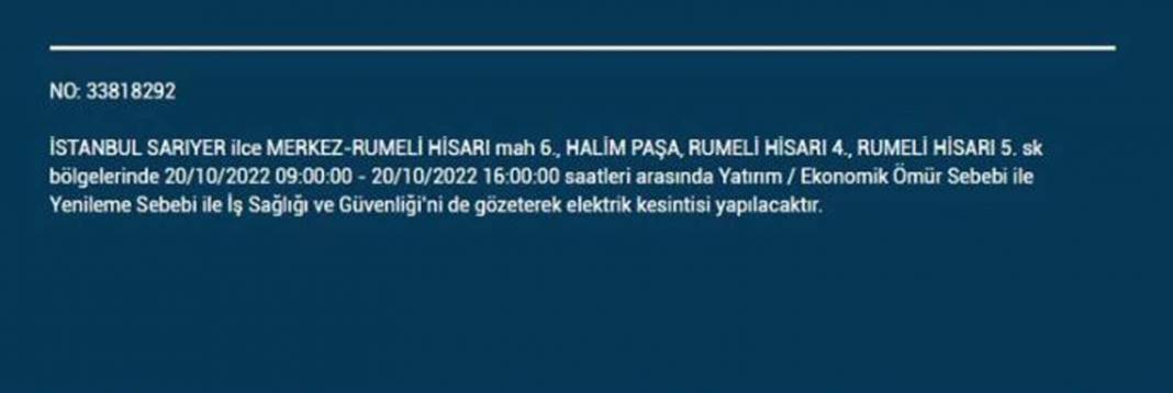 20 Ekim 2022 Perşembe günü elektrik kesintisi yaşanacak ilçeler 10