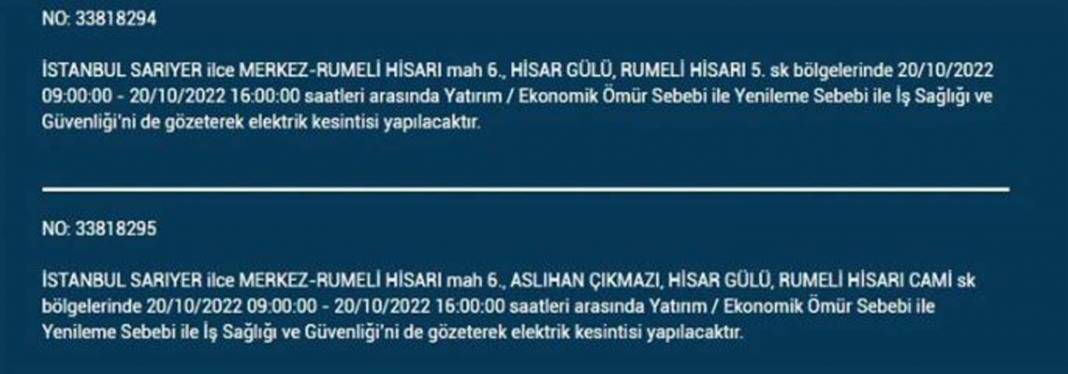 20 Ekim 2022 Perşembe günü elektrik kesintisi yaşanacak ilçeler 11