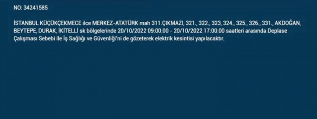 20 Ekim 2022 Perşembe günü elektrik kesintisi yaşanacak ilçeler 12