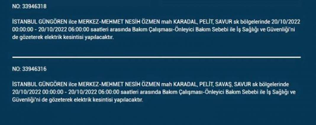 20 Ekim 2022 Perşembe günü elektrik kesintisi yaşanacak ilçeler 13