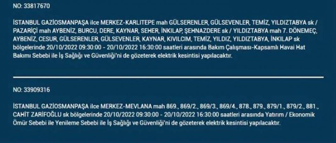 20 Ekim 2022 Perşembe günü elektrik kesintisi yaşanacak ilçeler 14