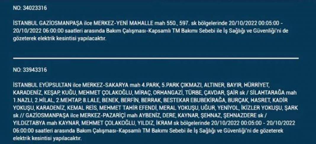 20 Ekim 2022 Perşembe günü elektrik kesintisi yaşanacak ilçeler 15