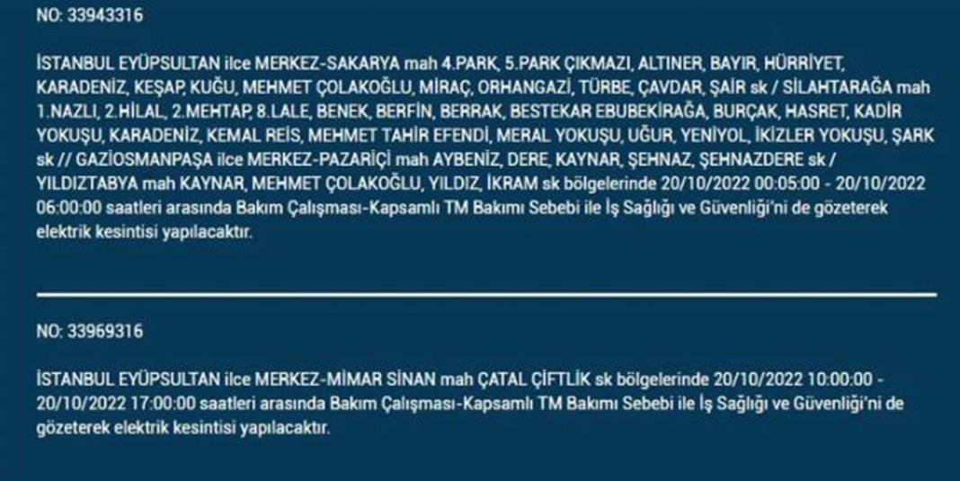 20 Ekim 2022 Perşembe günü elektrik kesintisi yaşanacak ilçeler 18