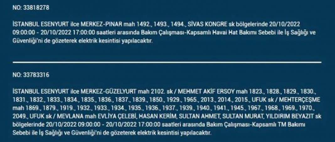 20 Ekim 2022 Perşembe günü elektrik kesintisi yaşanacak ilçeler 19