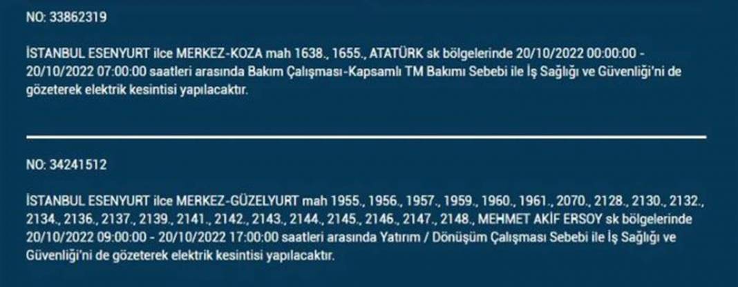 20 Ekim 2022 Perşembe günü elektrik kesintisi yaşanacak ilçeler 20