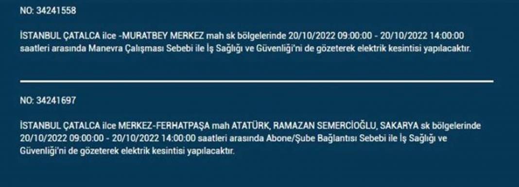 20 Ekim 2022 Perşembe günü elektrik kesintisi yaşanacak ilçeler 21