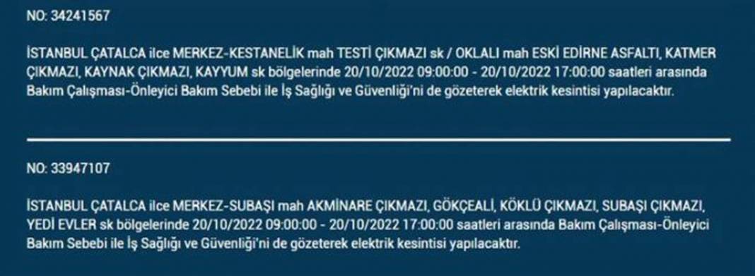 20 Ekim 2022 Perşembe günü elektrik kesintisi yaşanacak ilçeler 22