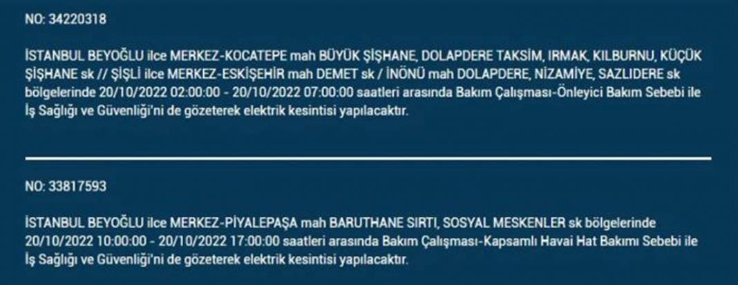 20 Ekim 2022 Perşembe günü elektrik kesintisi yaşanacak ilçeler 24