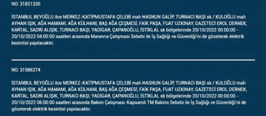 20 Ekim 2022 Perşembe günü elektrik kesintisi yaşanacak ilçeler 25