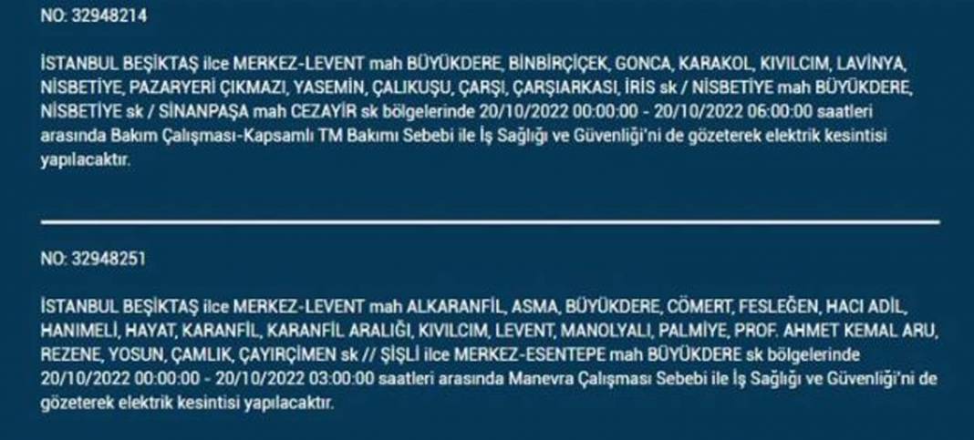 20 Ekim 2022 Perşembe günü elektrik kesintisi yaşanacak ilçeler 26