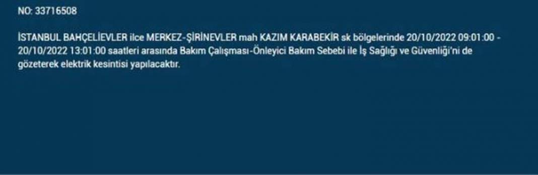 20 Ekim 2022 Perşembe günü elektrik kesintisi yaşanacak ilçeler 27