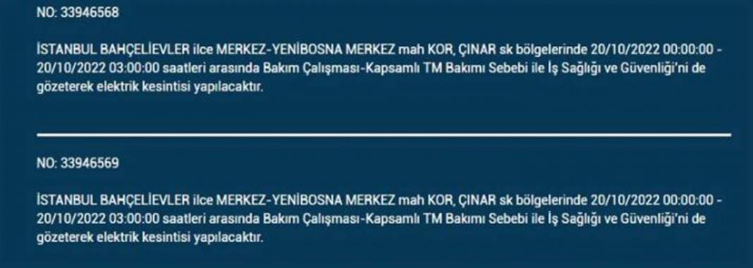 20 Ekim 2022 Perşembe günü elektrik kesintisi yaşanacak ilçeler 28