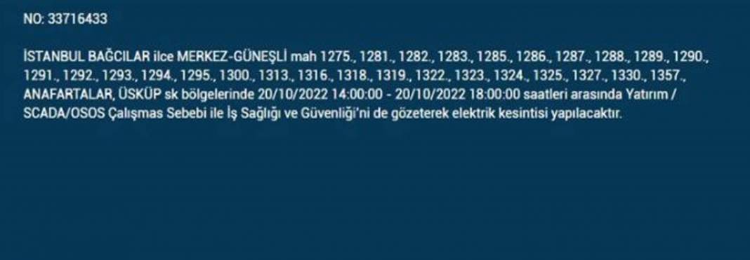 20 Ekim 2022 Perşembe günü elektrik kesintisi yaşanacak ilçeler 29