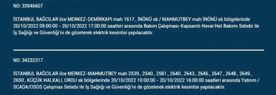 20 Ekim 2022 Perşembe günü elektrik kesintisi yaşanacak ilçeler 30