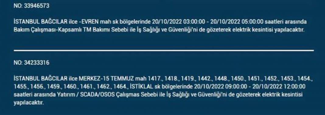 20 Ekim 2022 Perşembe günü elektrik kesintisi yaşanacak ilçeler 31