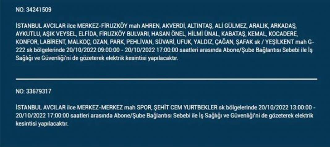 20 Ekim 2022 Perşembe günü elektrik kesintisi yaşanacak ilçeler 32