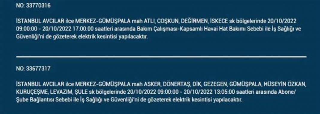 20 Ekim 2022 Perşembe günü elektrik kesintisi yaşanacak ilçeler 33