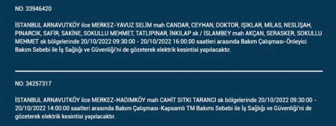 20 Ekim 2022 Perşembe günü elektrik kesintisi yaşanacak ilçeler 35