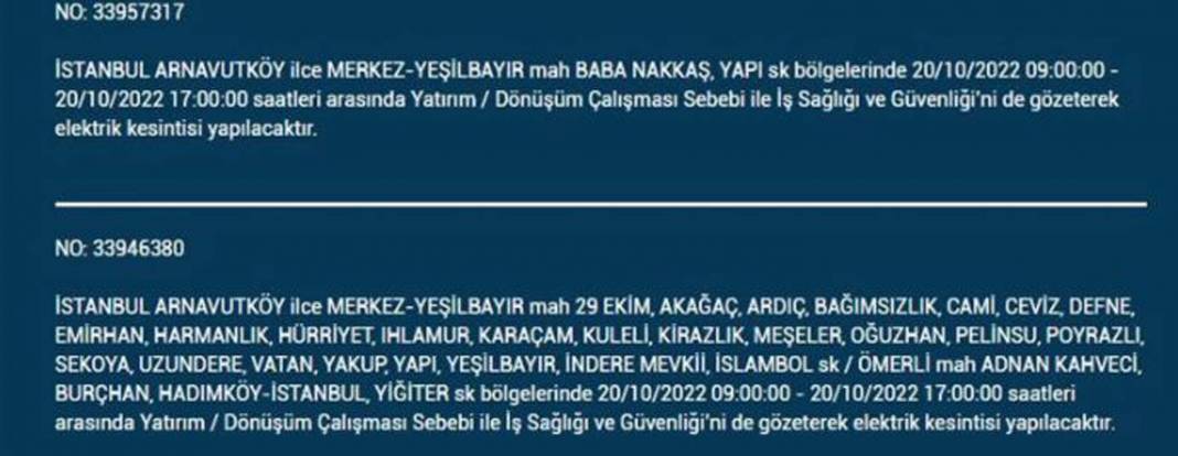 20 Ekim 2022 Perşembe günü elektrik kesintisi yaşanacak ilçeler 36