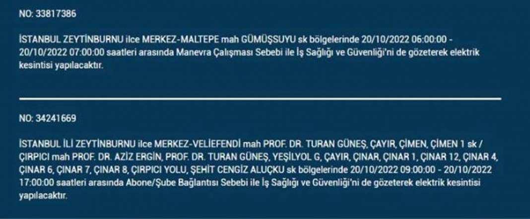 20 Ekim 2022 Perşembe günü elektrik kesintisi yaşanacak ilçeler 37