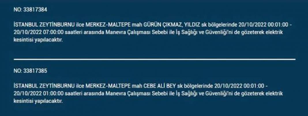 20 Ekim 2022 Perşembe günü elektrik kesintisi yaşanacak ilçeler 4