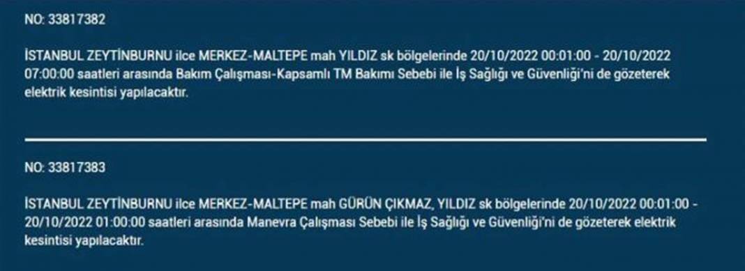 20 Ekim 2022 Perşembe günü elektrik kesintisi yaşanacak ilçeler 5