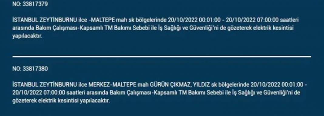 20 Ekim 2022 Perşembe günü elektrik kesintisi yaşanacak ilçeler 6