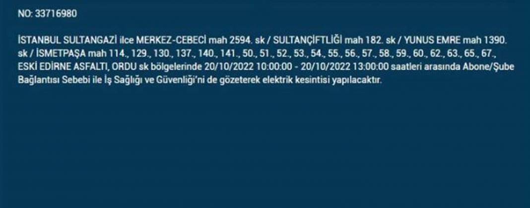 20 Ekim 2022 Perşembe günü elektrik kesintisi yaşanacak ilçeler 7