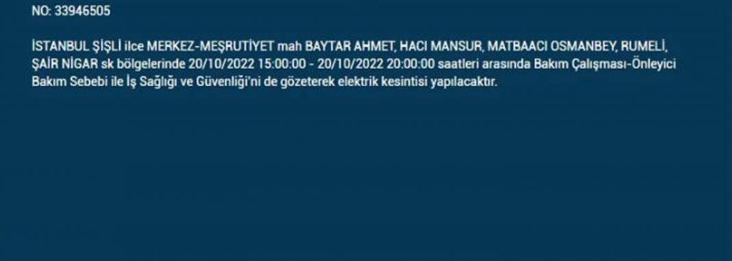 20 Ekim 2022 Perşembe günü elektrik kesintisi yaşanacak ilçeler 8