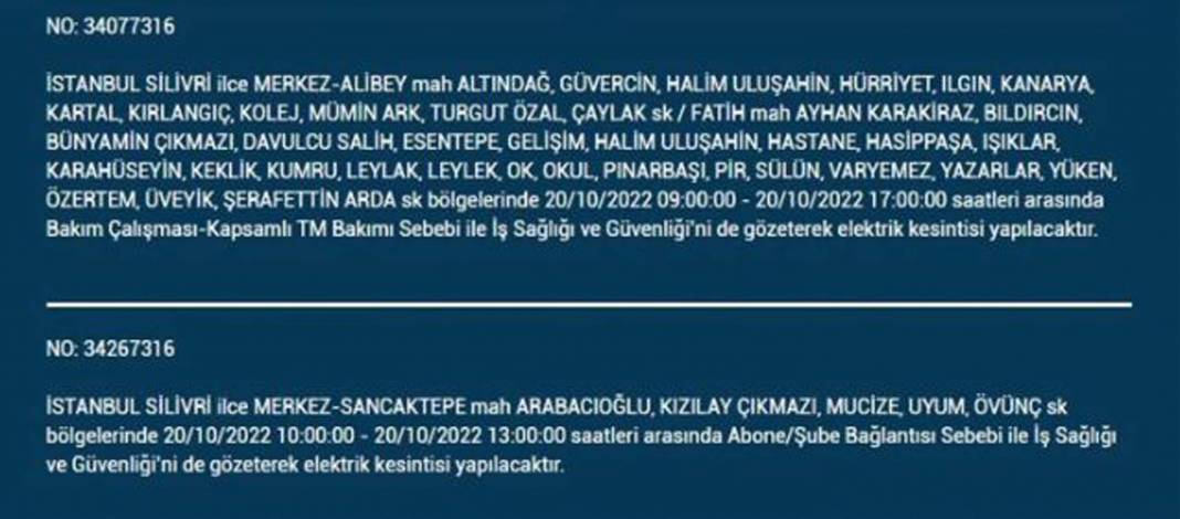 20 Ekim 2022 Perşembe günü elektrik kesintisi yaşanacak ilçeler 9