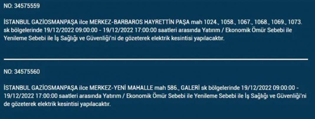 İstanbullular 19 Aralık'a dikkat, elektrik kesintisi bekleniyor! İşte planlı elektik kesintisinden etkilenecek ilçe ve mahalleler... 10