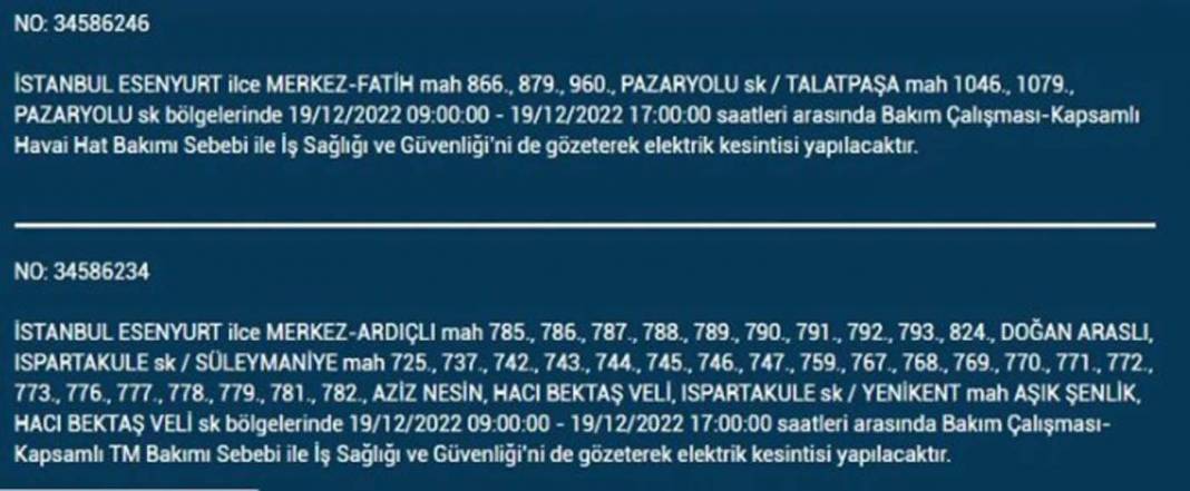 İstanbullular 19 Aralık'a dikkat, elektrik kesintisi bekleniyor! İşte planlı elektik kesintisinden etkilenecek ilçe ve mahalleler... 16