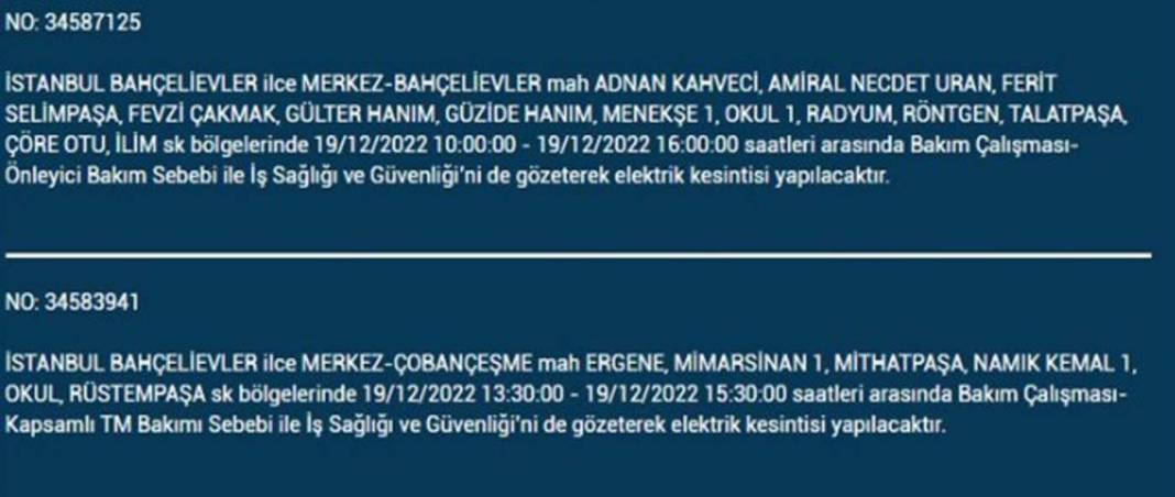 İstanbullular 19 Aralık'a dikkat, elektrik kesintisi bekleniyor! İşte planlı elektik kesintisinden etkilenecek ilçe ve mahalleler... 25