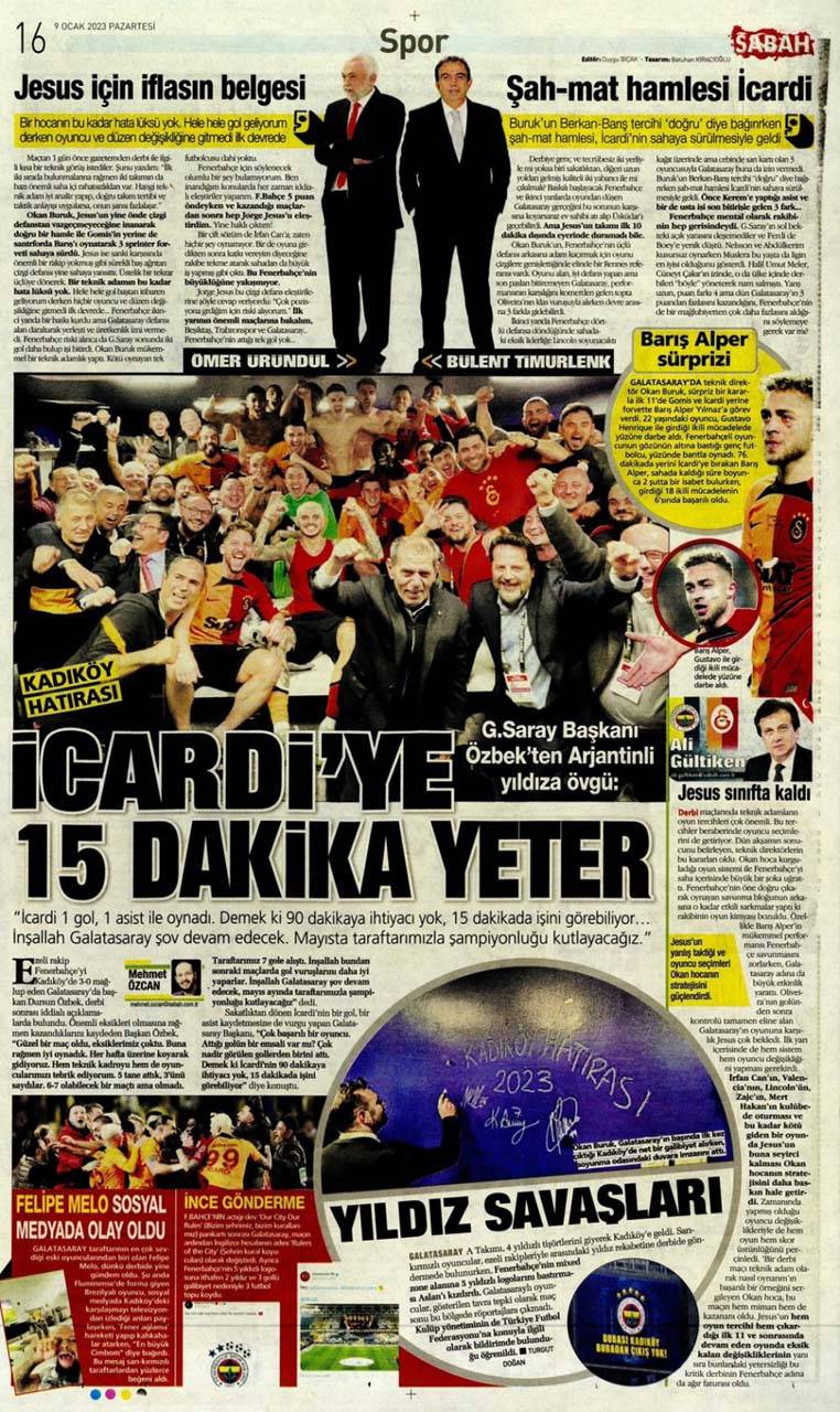 Günün spor manşetleri 9 Ocak 2023 Pazartesi | Galatasaray, Fenerbahçe'yi Kadıköy'de devirdi 19