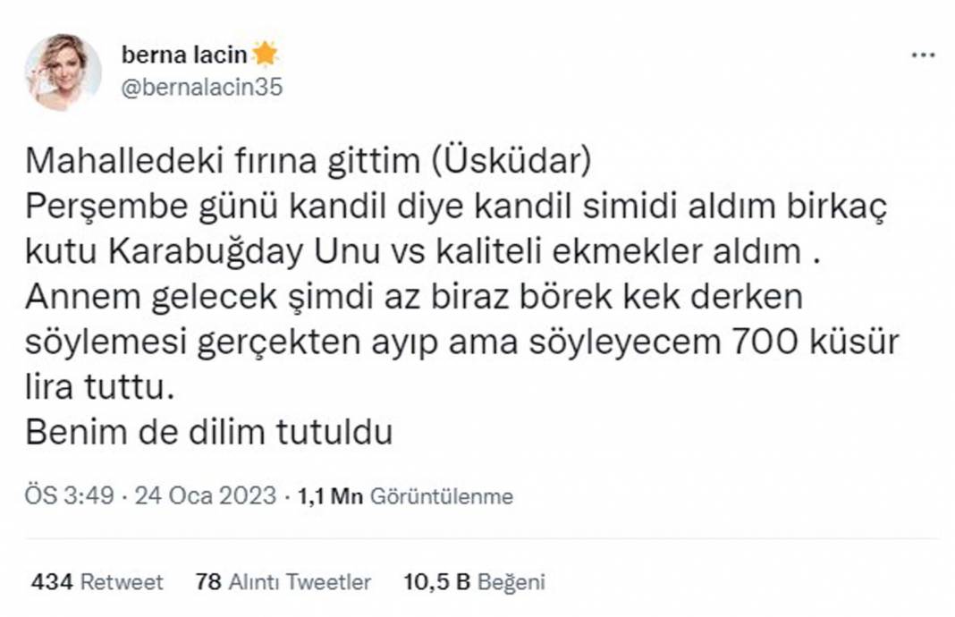 Berna Laçin'in Twitter üzerinden yaptığı paylaşım gündem oldu! Laçin, "700 küsür lira tuttu. Benim de dilim tutuldu." 3