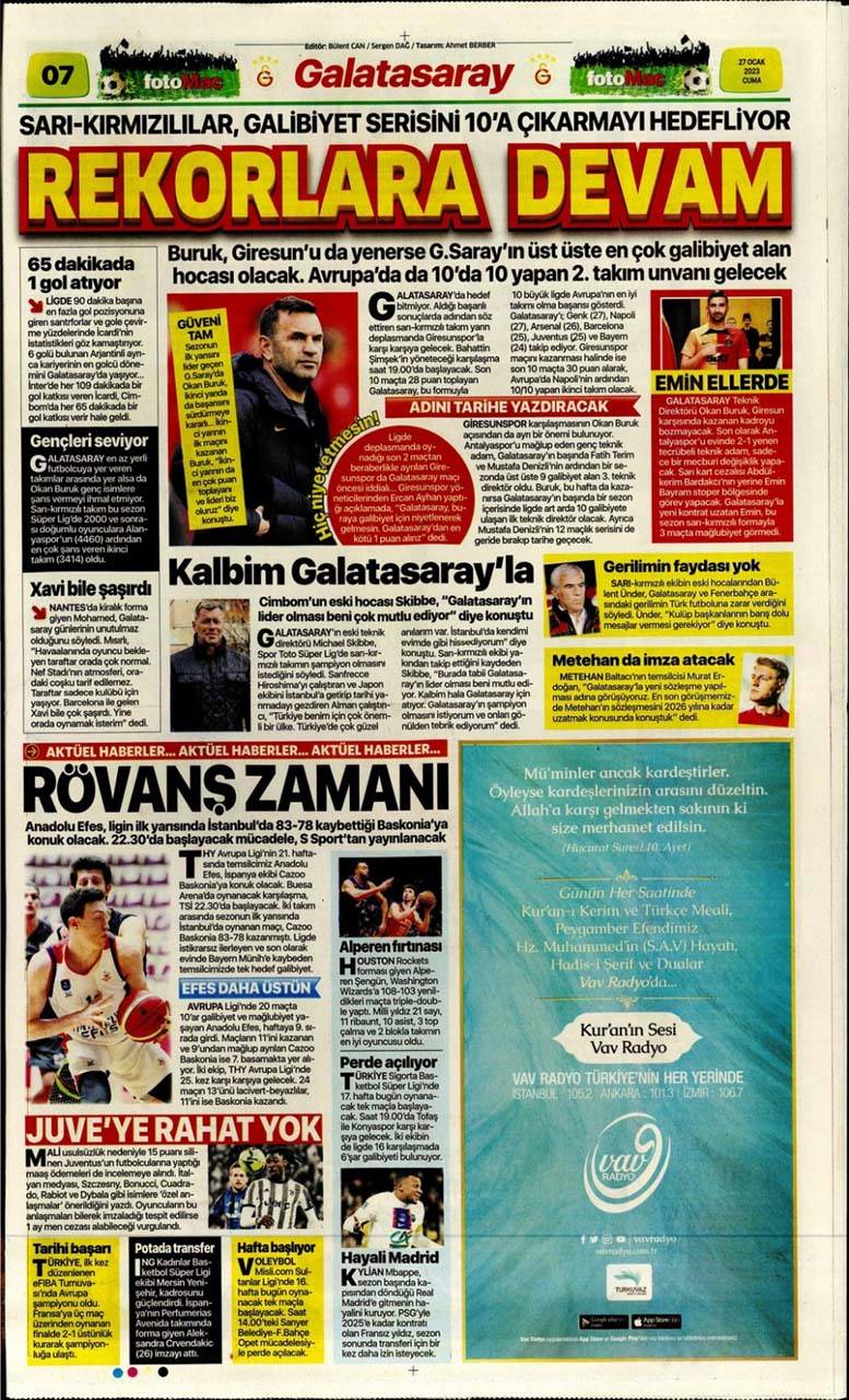 Günün spor manşetleri 27 Ocak 2023 Cuma | Fenerbahçe, Galatasaray, Beşiktaş ve Trabzonspor'dan son gelişmeler 16