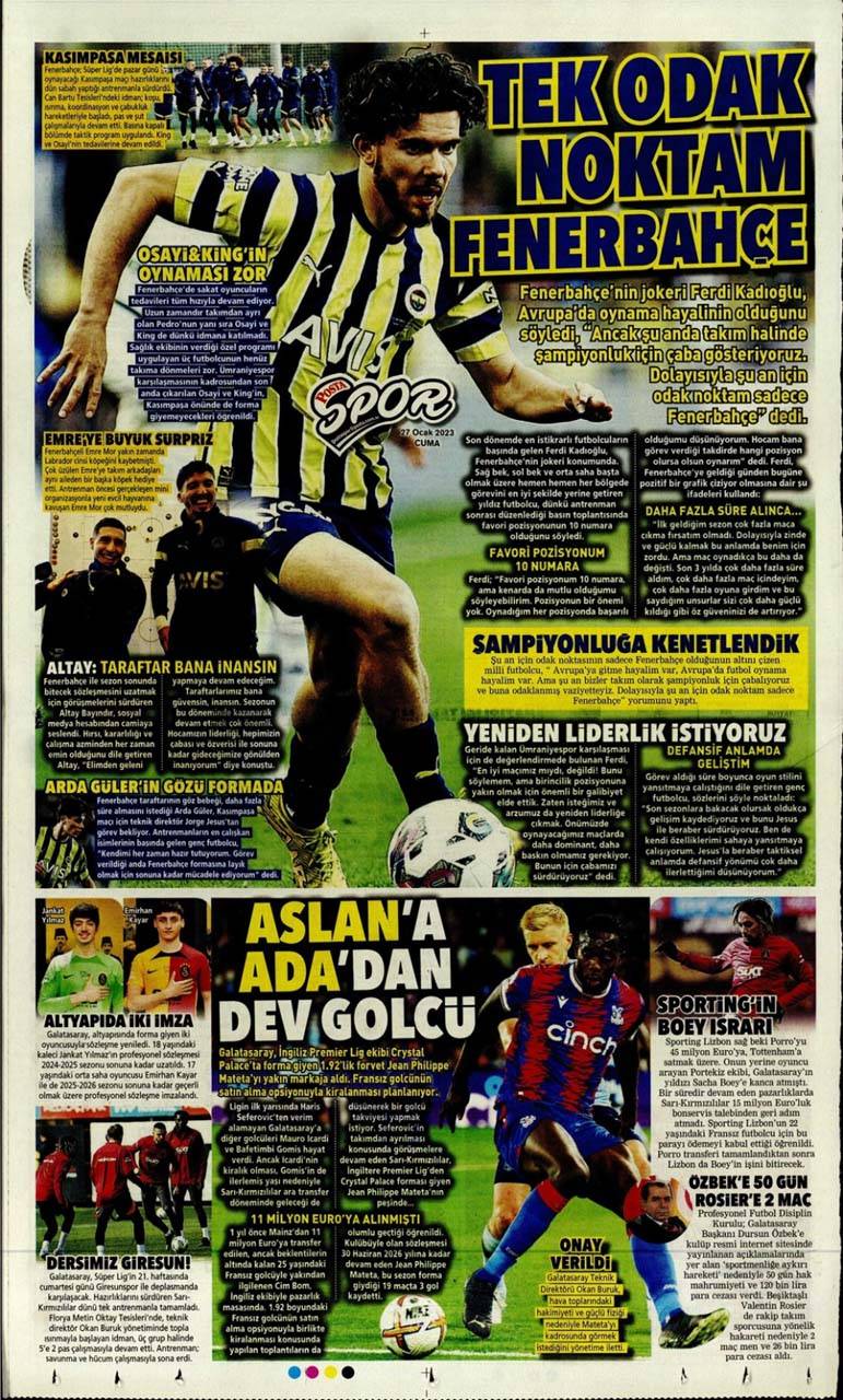 Günün spor manşetleri 27 Ocak 2023 Cuma | Fenerbahçe, Galatasaray, Beşiktaş ve Trabzonspor'dan son gelişmeler 24