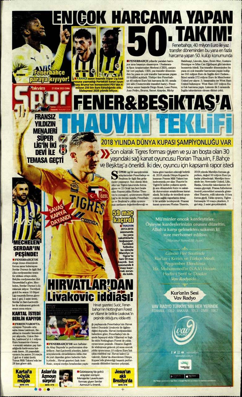 Günün spor manşetleri 27 Ocak 2023 Cuma | Fenerbahçe, Galatasaray, Beşiktaş ve Trabzonspor'dan son gelişmeler 33