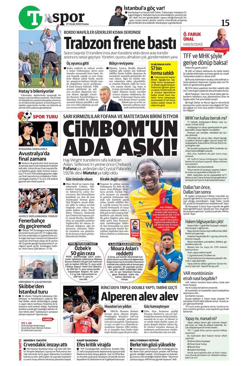 Günün spor manşetleri 27 Ocak 2023 Cuma | Fenerbahçe, Galatasaray, Beşiktaş ve Trabzonspor'dan son gelişmeler 34