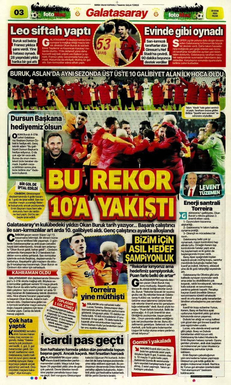 Sporun manşetleri 29 Ocak 2023 Pazar | Galatasaray, Giresun'u da devirdi, seriye devam etti 10