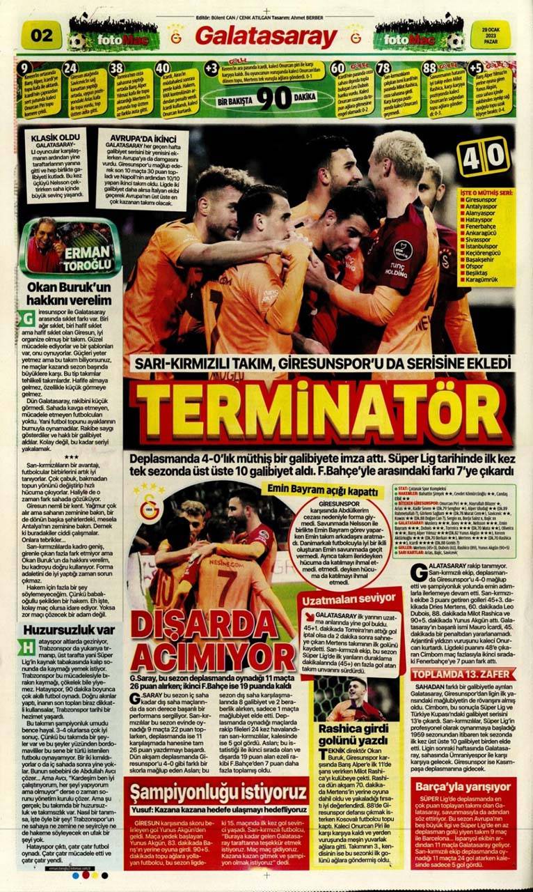 Sporun manşetleri 29 Ocak 2023 Pazar | Galatasaray, Giresun'u da devirdi, seriye devam etti 15