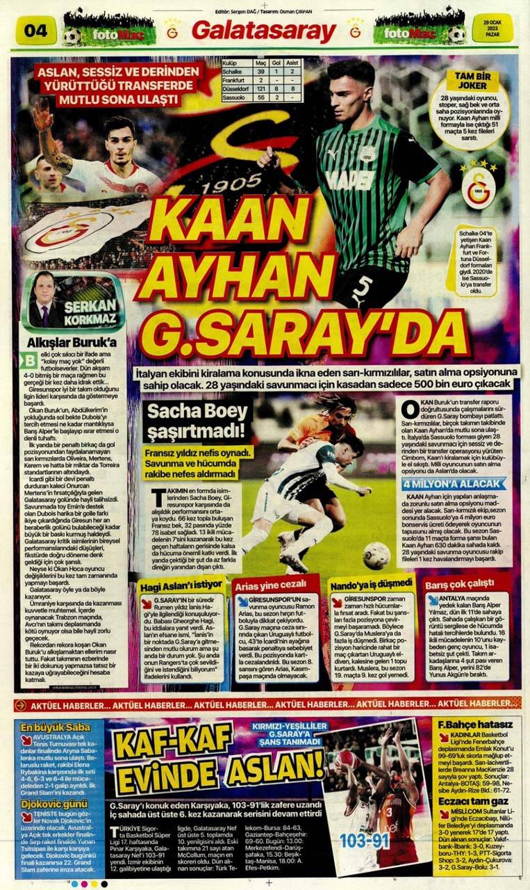 Sporun manşetleri 29 Ocak 2023 Pazar | Galatasaray, Giresun'u da devirdi, seriye devam etti 24