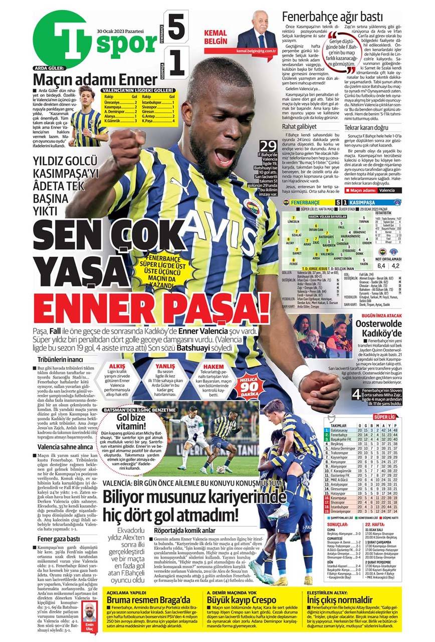 Sporun manşetleri 30 Ocak 2023 Pazartesi | Fenerbahçe, Kasımpaşa'yı farklı geçti: Varsa Enner, Fener Güler 10