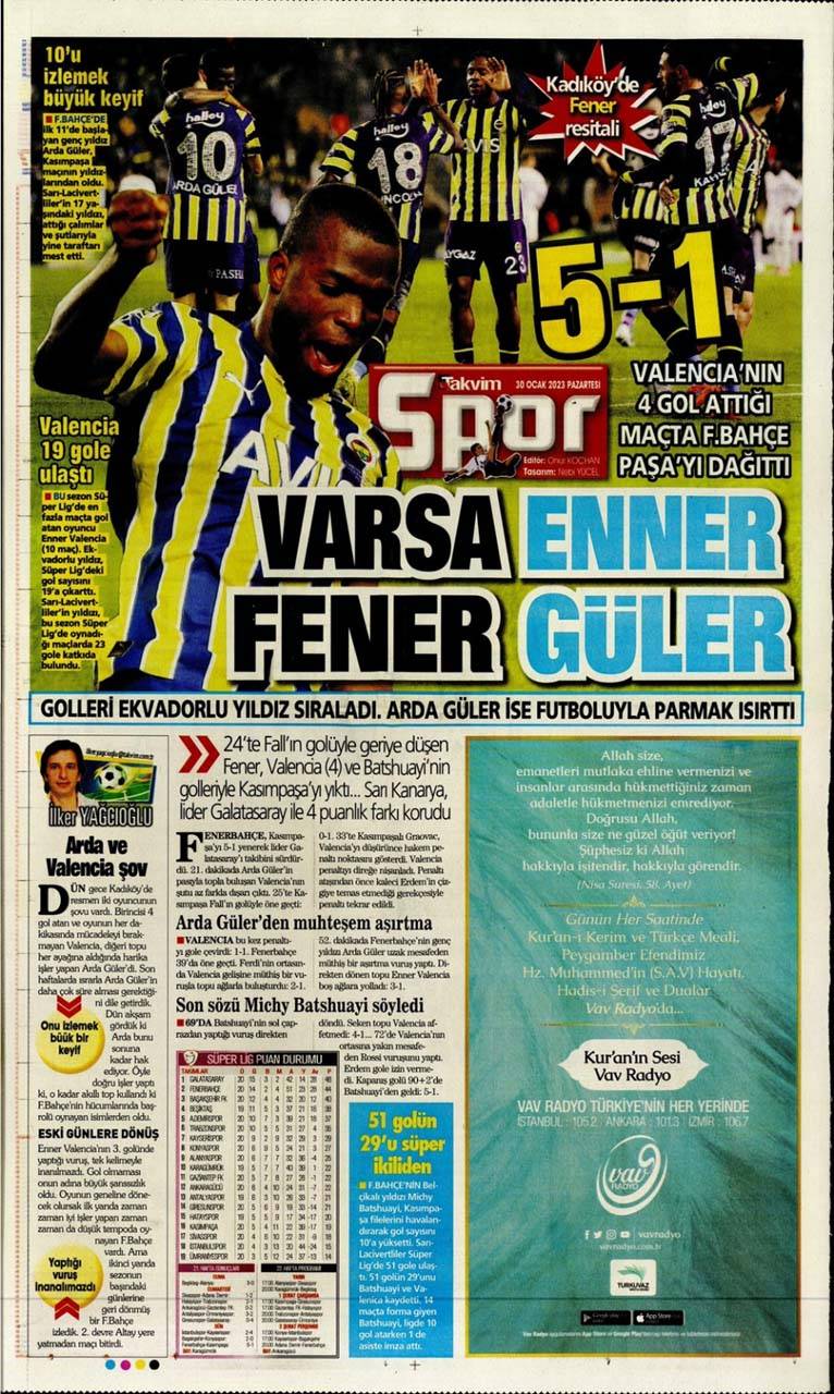 Sporun manşetleri 30 Ocak 2023 Pazartesi | Fenerbahçe, Kasımpaşa'yı farklı geçti: Varsa Enner, Fener Güler 12