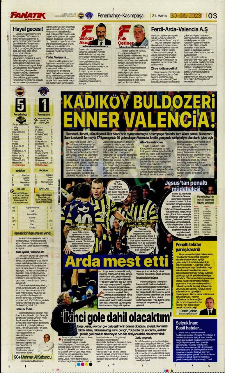 Sporun manşetleri 30 Ocak 2023 Pazartesi | Fenerbahçe, Kasımpaşa'yı farklı geçti: Varsa Enner, Fener Güler 31