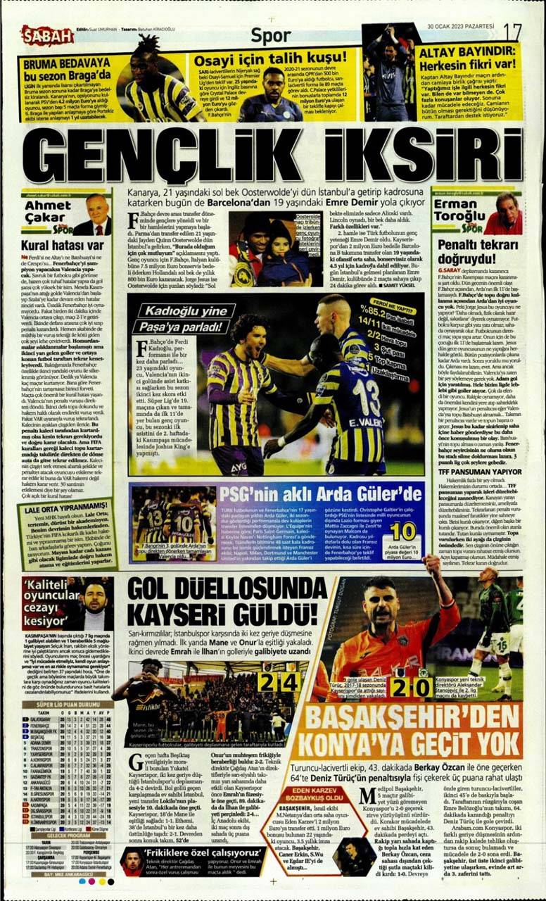 Sporun manşetleri 30 Ocak 2023 Pazartesi | Fenerbahçe, Kasımpaşa'yı farklı geçti: Varsa Enner, Fener Güler 4