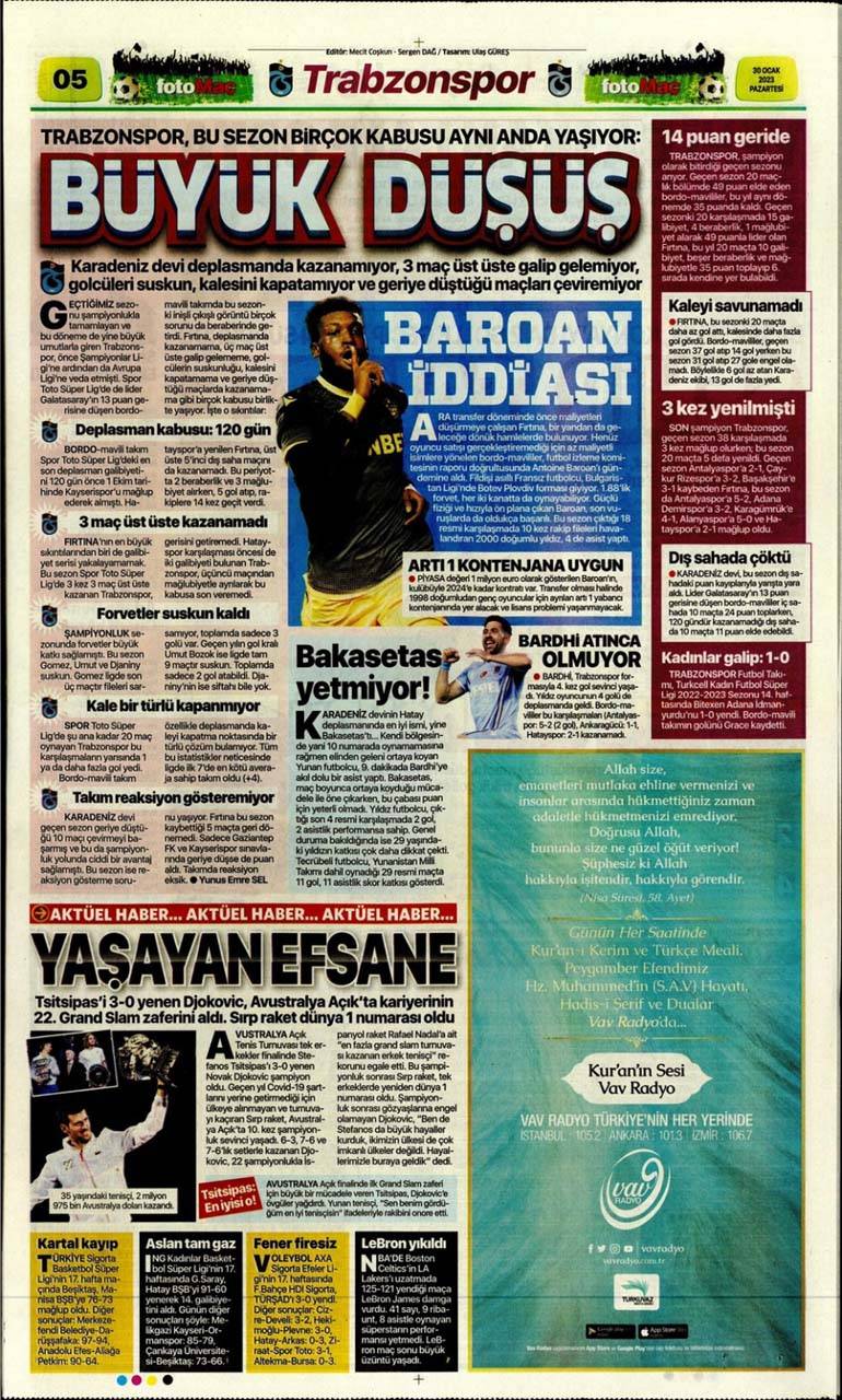 Sporun manşetleri 30 Ocak 2023 Pazartesi | Fenerbahçe, Kasımpaşa'yı farklı geçti: Varsa Enner, Fener Güler 6