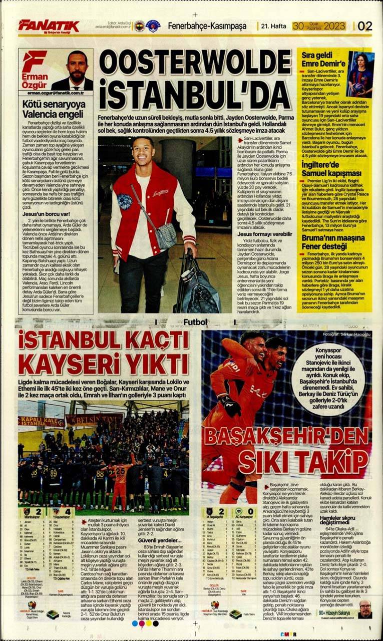 Sporun manşetleri 30 Ocak 2023 Pazartesi | Fenerbahçe, Kasımpaşa'yı farklı geçti: Varsa Enner, Fener Güler 7