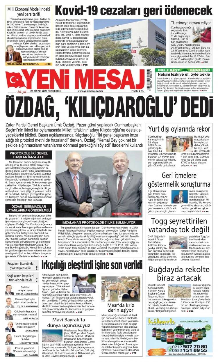 Kılıçdaroğlu, Özdağ protokolünü gazeteler bu gün nasıl gördü? 25 Mayıs 2023 perşembe gazete manşetleri 25